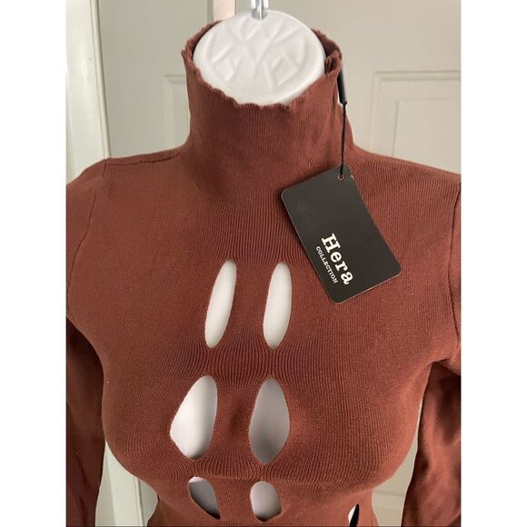 NWT Hera Collection Brown Turtleneck Knit Midi Women’s Dress Cut-Out SZ Medium - Picture 7 of 9